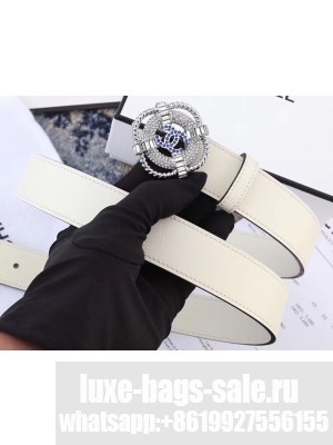 Chanel Width 3cm Crystal Square Buckle Leather Belt White