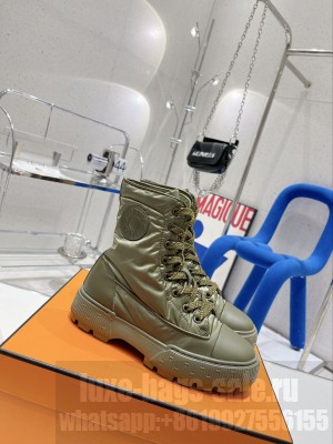 HERMES FRESH ANKLE BOOTS IN CALFSKIN AND LIGHT PARACHUTE FABRIC GREEN