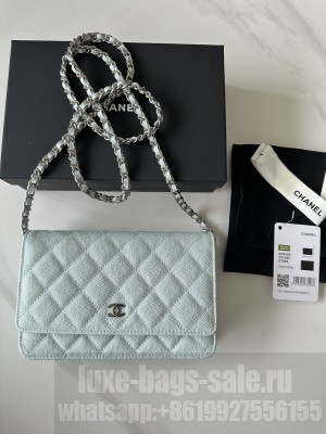 Chanel Caviar Leather & Silver-Tone Metal Wallet On Chain WOC Bag A33814 Light Blue
