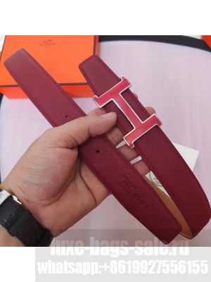 Hermes Leather Reversible Belt 32mm with H Buckle Burberrygundy/Silver 2019  Collection