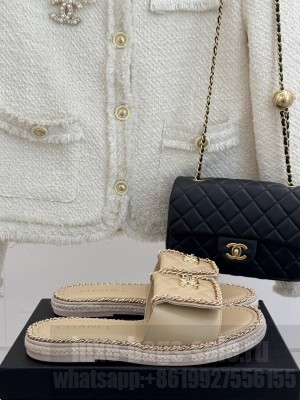 Chanel flat CC turn lock with chain slippers beige leather 2025
