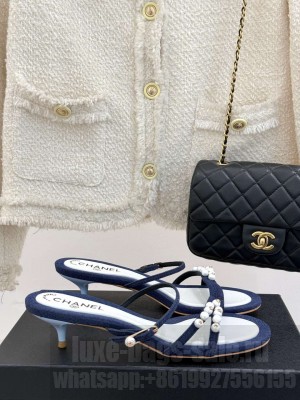 Chanel Vintage Canvas Heel Sandals 3.5cm with Pearls Navy Blue 2025