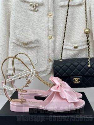 Chanel Silk Flat Sandals with Maxi Bow and Pearls Light Pink 2024 G45813