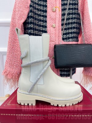 René Caovilla Snake-Embellished Round-Toe Ankle Boots White