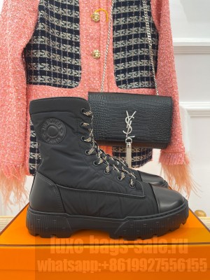 HERMES FRESH ANKLE BOOTS IN CALFSKIN AND LIGHT PARACHUTE FABRIC BLACK