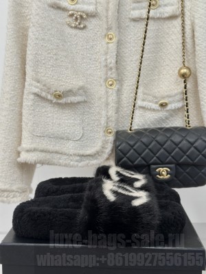 Chanel Wool CC Logo Slide Mules Black 2024