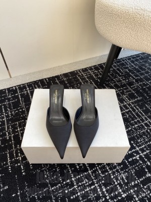 Saint Laurent Melody Pointed Toe Satin Mules Black