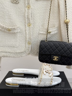 Chanel Pearls and Chain Flat Slides Sandal White 2025