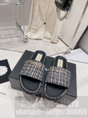 Chanel Tweed Flat Slide Sandals 2023SS Black