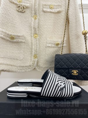 Chanel Calfskin Braided Flat Slide Sandals Black/White Stripes 2023 
