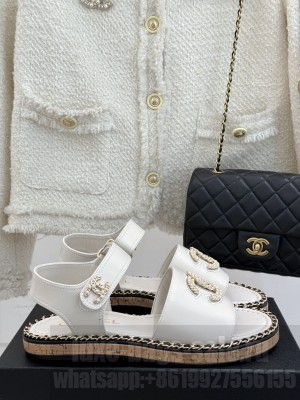 Chanel flat double C with chain sandals white leather 2025