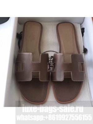Hermes Oran Flat Slipper Sandals in Swift Box Calfskin Coffee