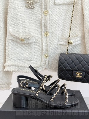 Chanel Lambskin Heel Sandals with Chain Strap Black 2025 G45667