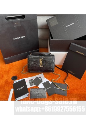 Yves Saint Laurent SUNSET SMALL CHAIN BAG IN CROCODILE EMBOSSED SHINY LEATHER Y533036A BLACK