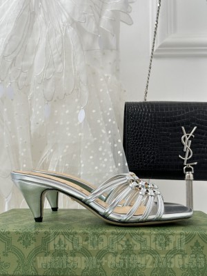 GUCCI WOMEN'S CRYSTAL INTERLOCKING G LAMBSKIN SANDAL SILVER