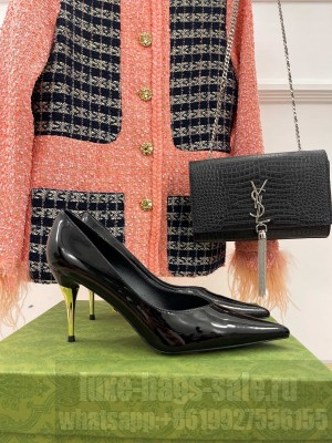 Gucci 8.5cm Metal heel Pointed Black Patent leather Pumps