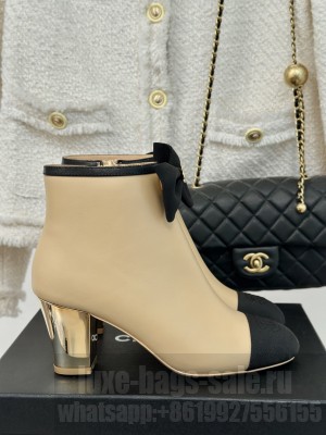 Chanel Calfskin & Grosgrain G45695 Ankle Boots with Bow Beige 2024