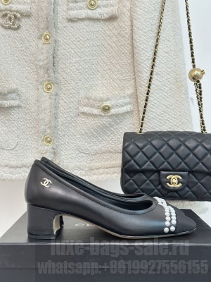 Chanel Lambskin 5cm Pumps with Pearl Black 2023 