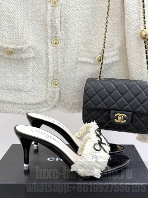 Chanel Beige Fabric Trim Bow Slide Sandals heel 8cm 2025 White