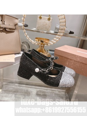 Miu Miu Glitter 4.5cm Pumps with metal chain and artificial pearl embellishment Silver/Black