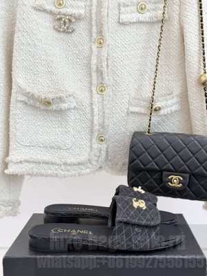 Chanel Quilted Denim Flat Slides Sandal with Foldover G45474 Black 2025 