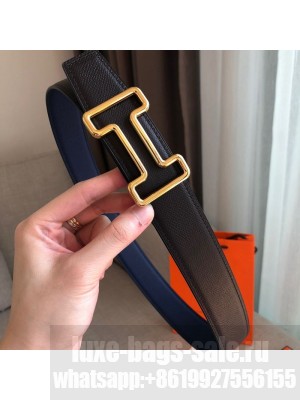Hermes Tonight Reversible Leather Buckle Belt 38mm Blue/Black/Gold 2019 Collection