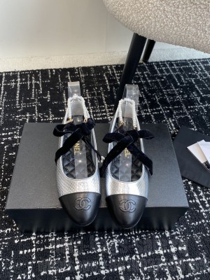 Chanel Mary Janes Calfskin Embossed Pearl Chain Silver