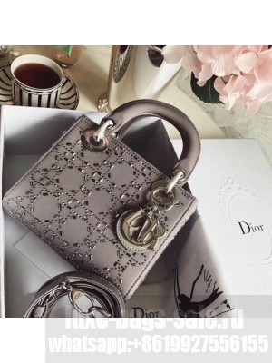 Mini Lady Dior bag in gray 'Cannage' satin with rhinestones, detachable chain.