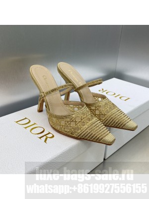 Dior Capture Heel Mules 9.5cm in Gold Cannage Embroidered Mesh with Crystals 2023 