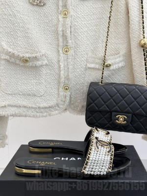 Chanel Pearls and Chain Flat Slides Sandal Black 2025