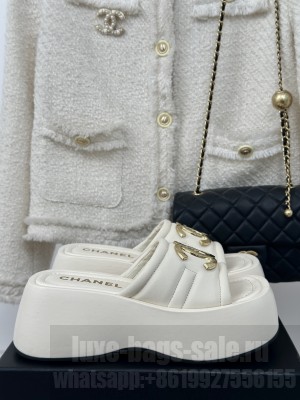Chanel Gold CC 7CM Platform Mules Leather Silver 2024 White