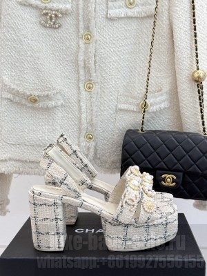 Chanel Tweed & Charm Platform Sandals 9cm G46423 Cream White