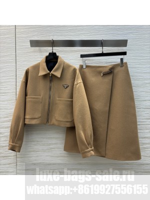 Prada triangle-logo cropped jacket & A-line Skirt Brown