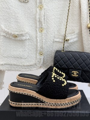 Chanel Gold Pearl CC Logo Mules Tweed Black heel 7cm 2025