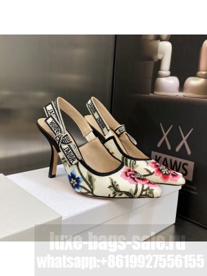 Dior J'Adior Slingback Pumps 9.5cm in Beige Multicolor Cotton Embroidered with Petites Fleurs Motif 2023