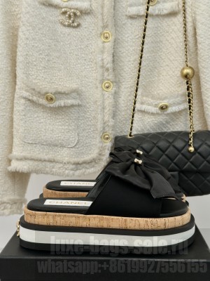 Chanel Satin Platform Slides Sandal with Maxi Bow Black 2024 