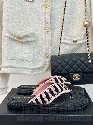 Chanel Knit Flat Thong Slides Sandal Light Pink/Black 2024