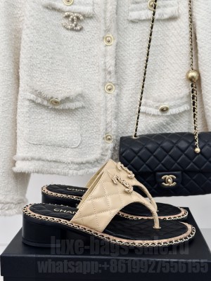 Chanel Quilted Lambskin Chain 2cm/4cm Slide Thong Sandals Beige