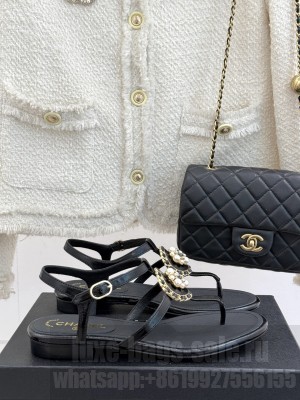 Chanel Lambskin Camellia CC Pearl Flip Flops Sandal Black 2025