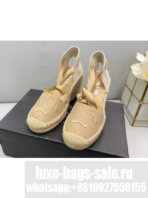 Prada Linen Logo 8cm Embroidered Wedge Espadrilles  2022 Collection Beige