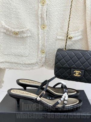 Chanel Vintage Calfskin Heel Sandals 3.5cm with Pearls Black 2025