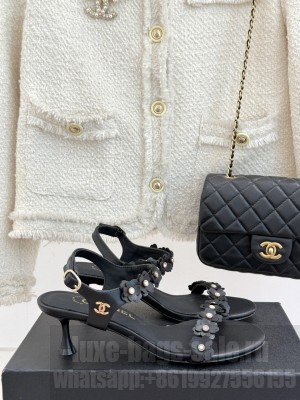 Chanel Calfskin Heel Sandals with Camellia Black