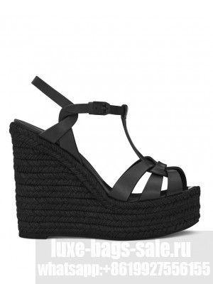 Saint Laurent Women's Tribute Espadrilles Wedge In Smooth Leather Black