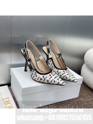 Dior J'Adior Dioramour Slingback 9.5cm Pump White Cotton with Embroidered Black and Red Je Vous Adore Motif