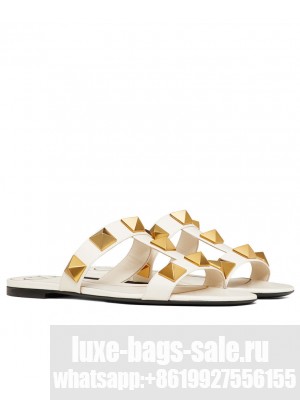 Valentino Women's Roman Stud Flat Calfskin Slide Sandal Cream