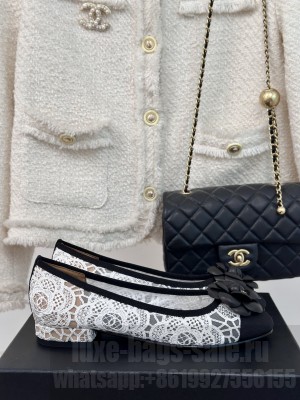 Chanel 6.5cm Mesh Lace Camellia Ballets Black White