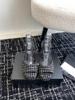 Chanel Platform 4cm Heel 12cm Tweed Sandals Black