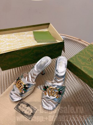 Gucci Calfskin Heel Slide Sandals with Crystal Charm 7.5cm Silver 2023