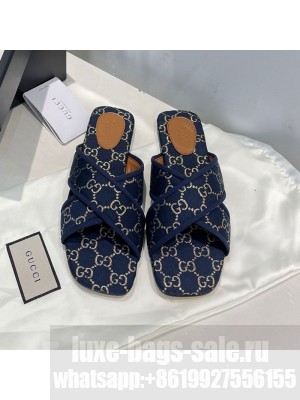 Gucci Silver Lamé Canvas Cross Slide Sandals Navy Blue 2021 Collection