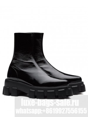 Prada Women's Monolith Pointy Technical Patent Leather Booties 1U668M Black